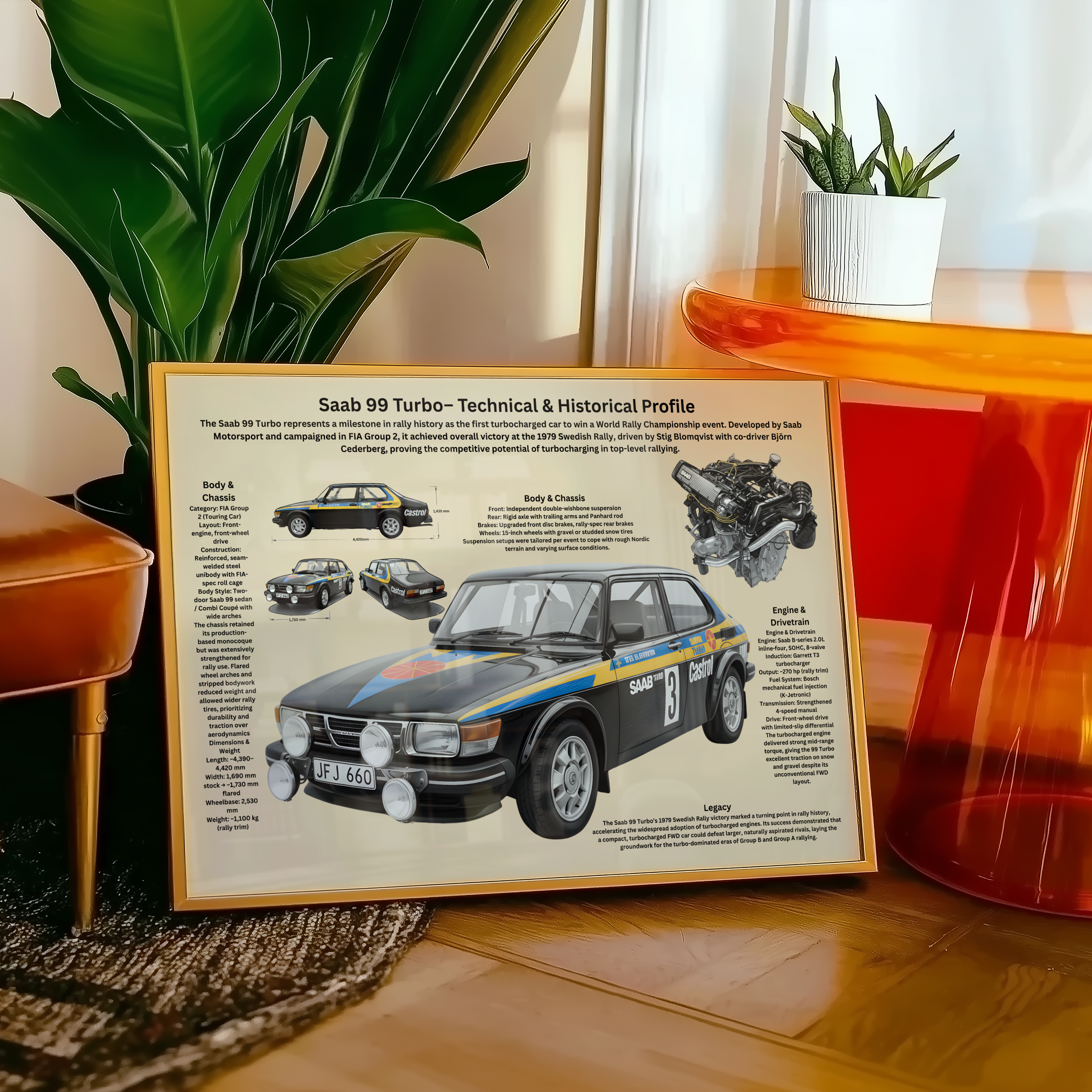 A2 Poster Klassisk Rallybil – Teknisk Motorsportillustration