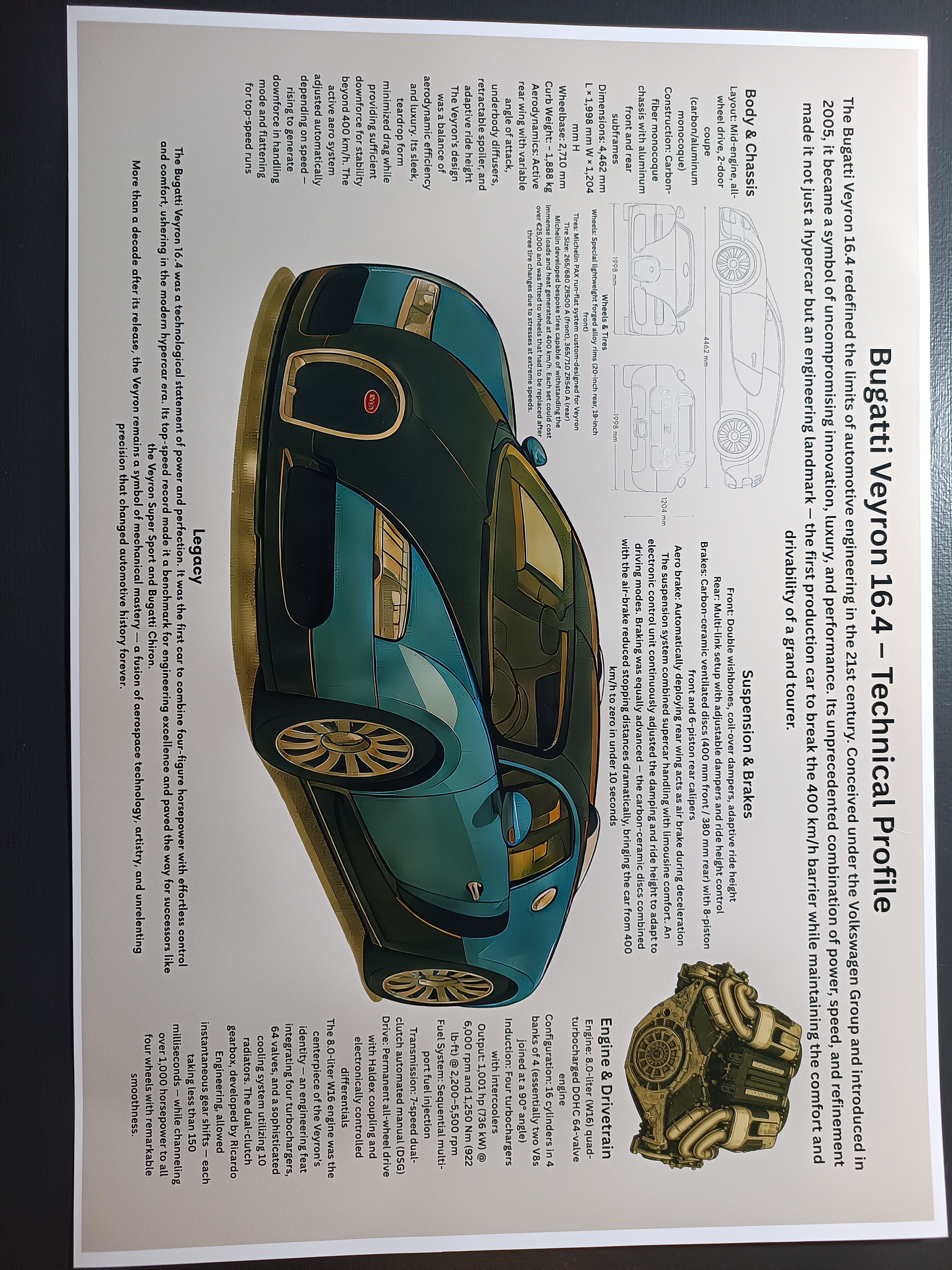 Bugatti Veyron 16.4 Technical Profile - Affischer A3