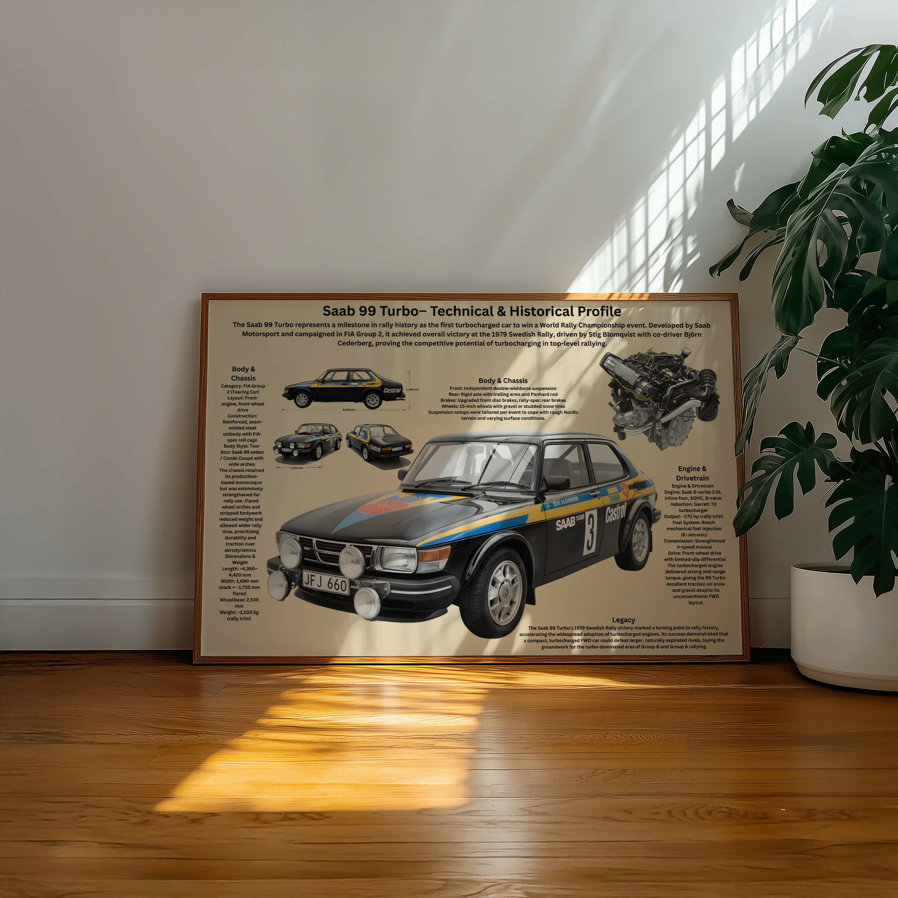 A2 Poster Klassisk Rallybil – Teknisk Motorsportillustration