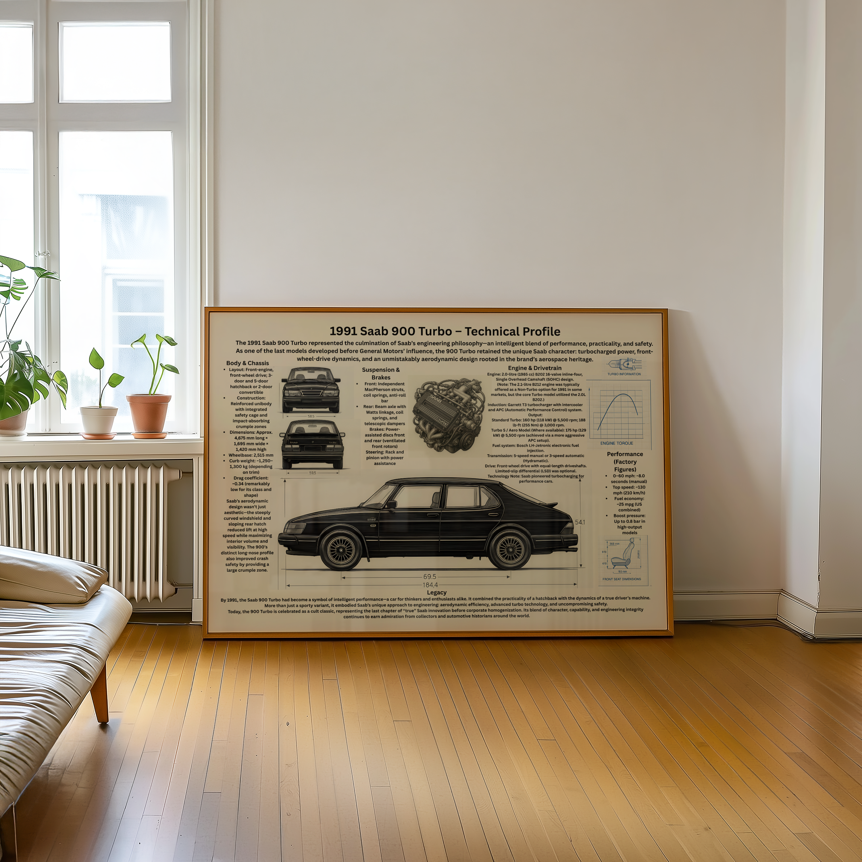 A2 Poster Klassisk Turbo-bil – Teknisk Bilillustration