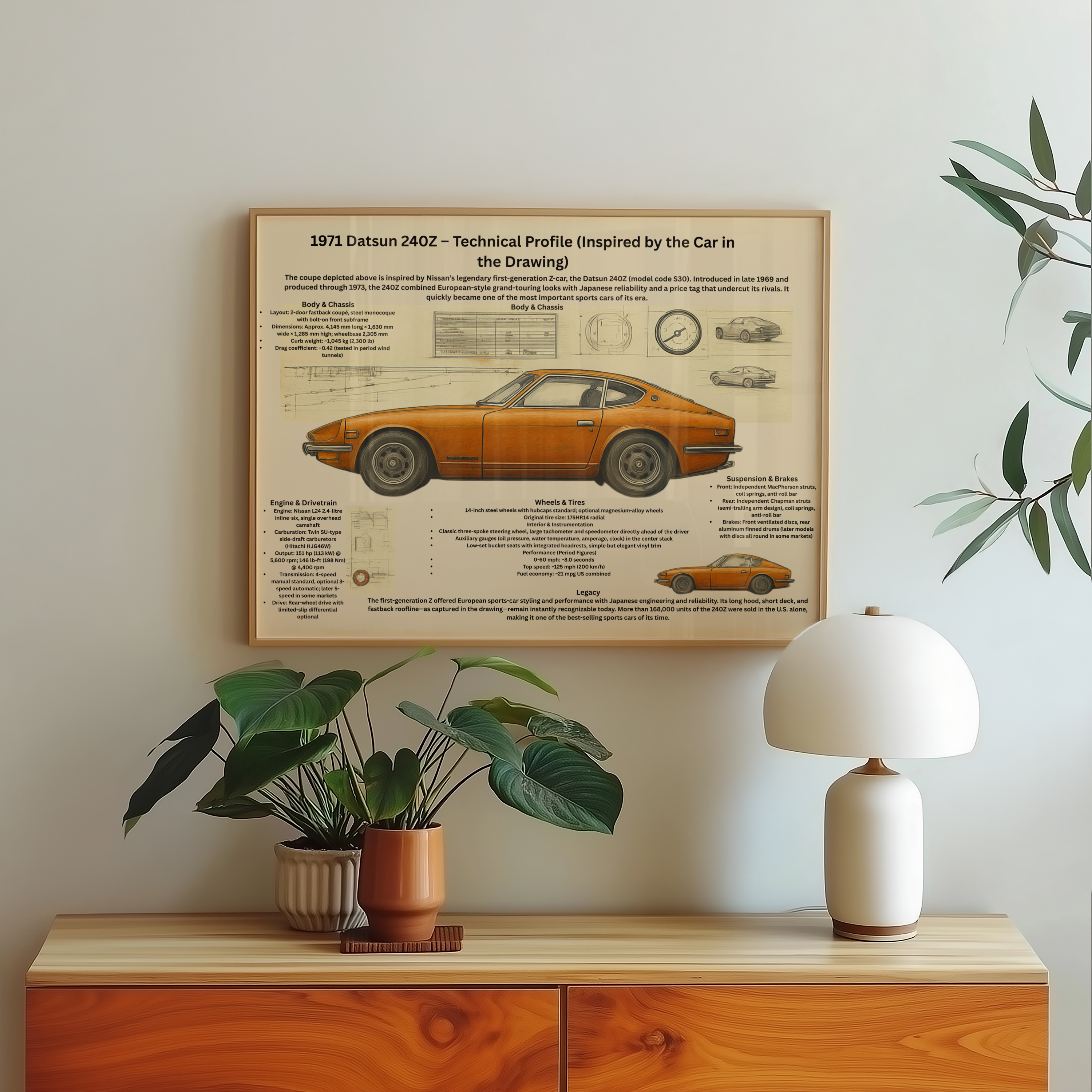 A3 Poster Klassisk Japansk Sportcoupé – Teknisk Bilillustration