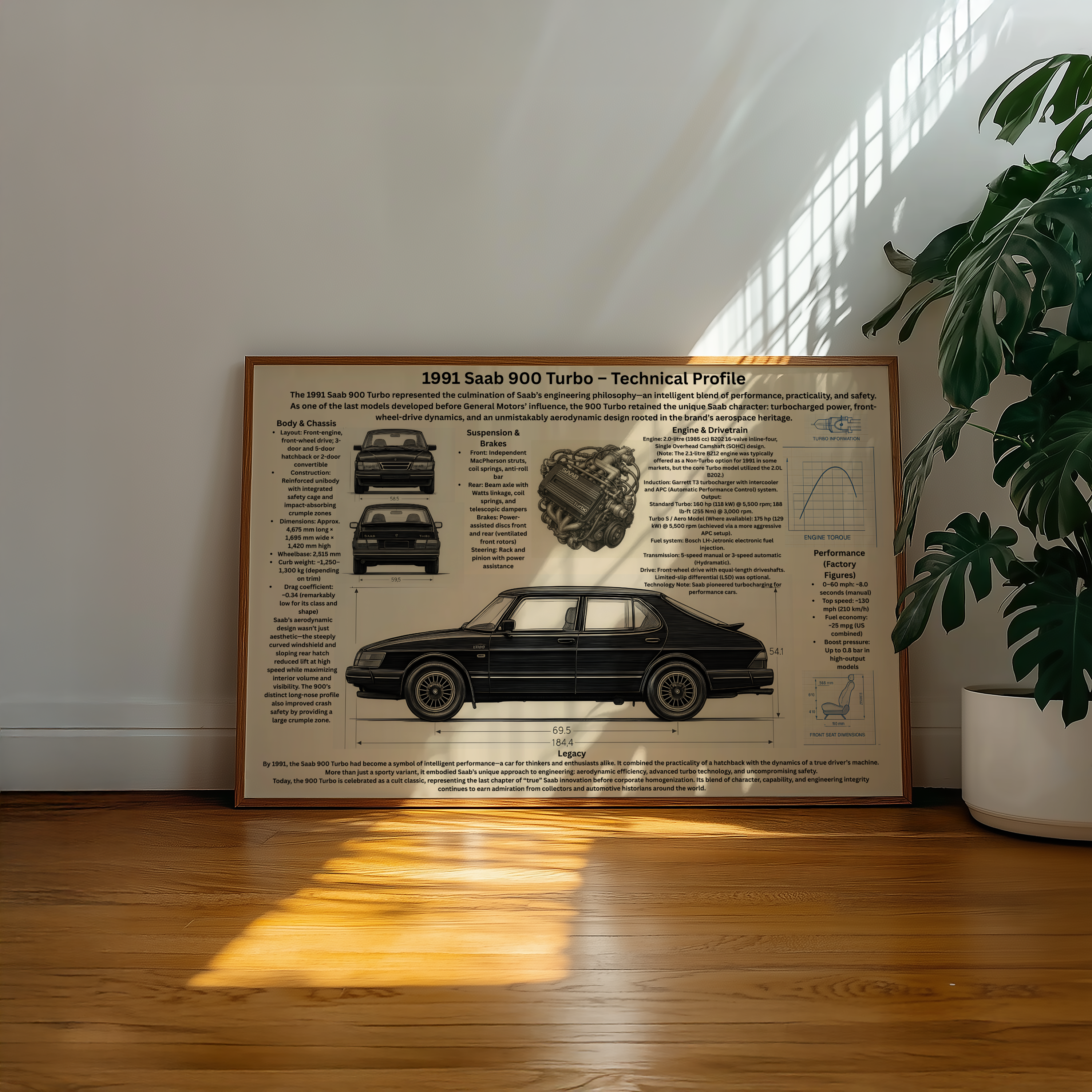 A2 Poster Klassisk Turbo-bil – Teknisk Bilillustration