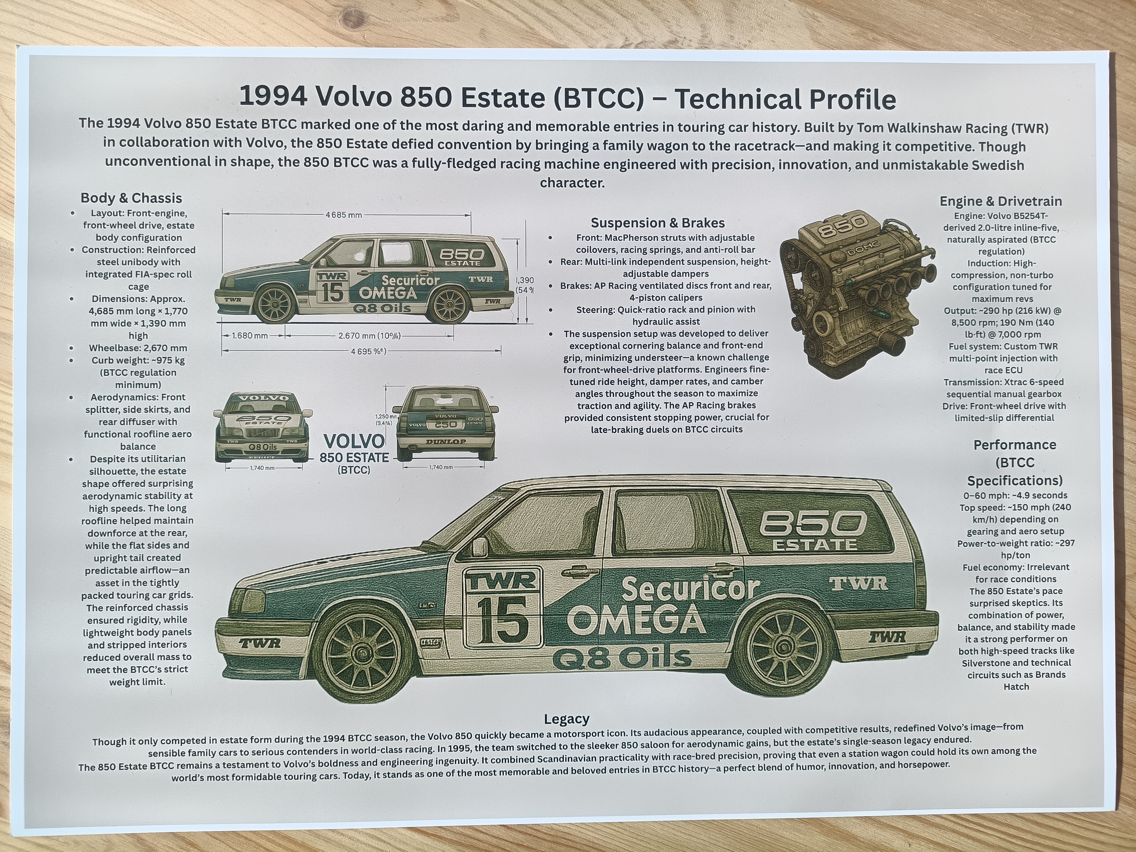  Volvo 850 Kombi (BTCC) Teknisk profilaffisch - Affischer A3