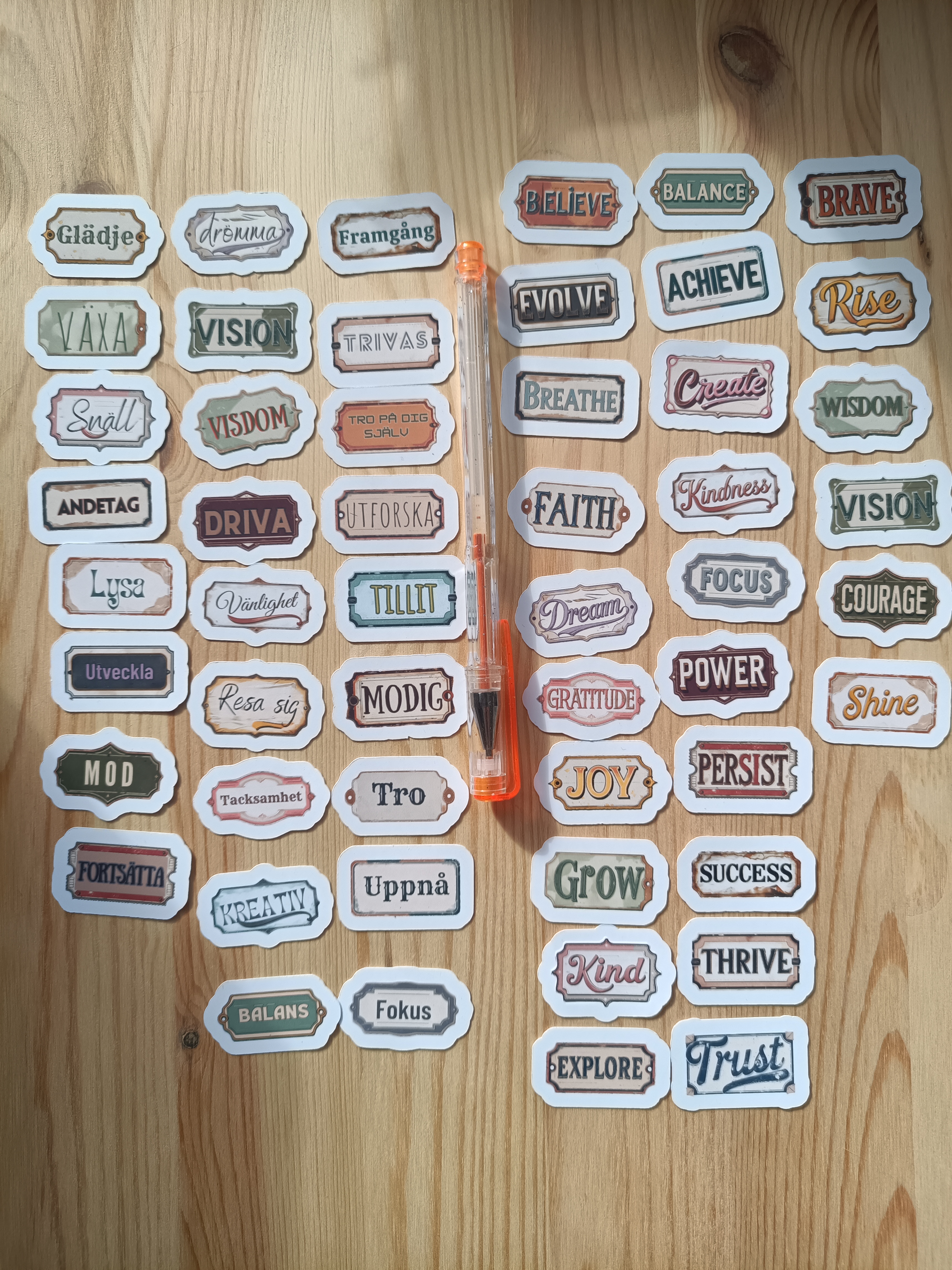 Motiverande ordklistermärken set Sverige-Engelska - 52
