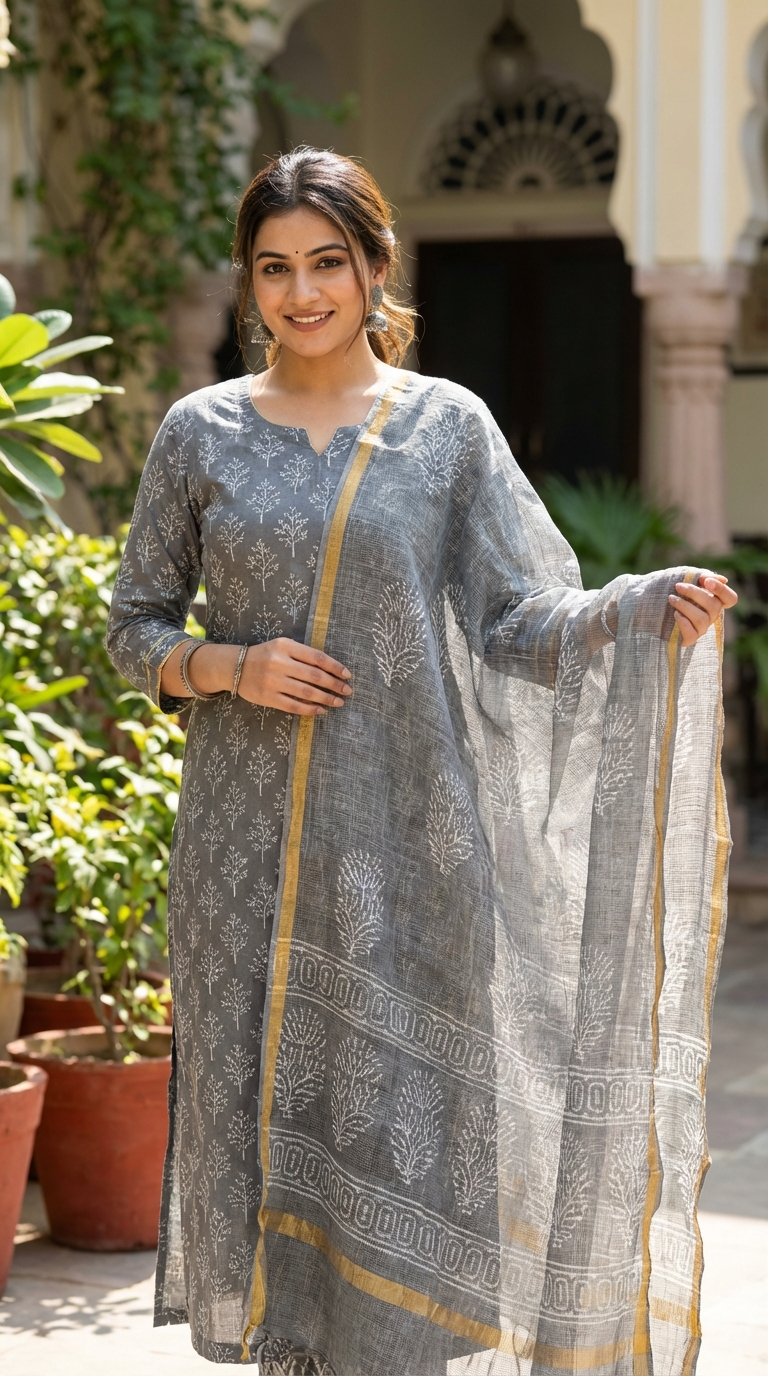 Elegant Grey Cotton Kurta Set