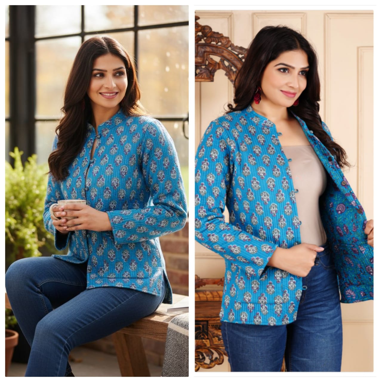 Blue Floral Printed Cotton Jacket