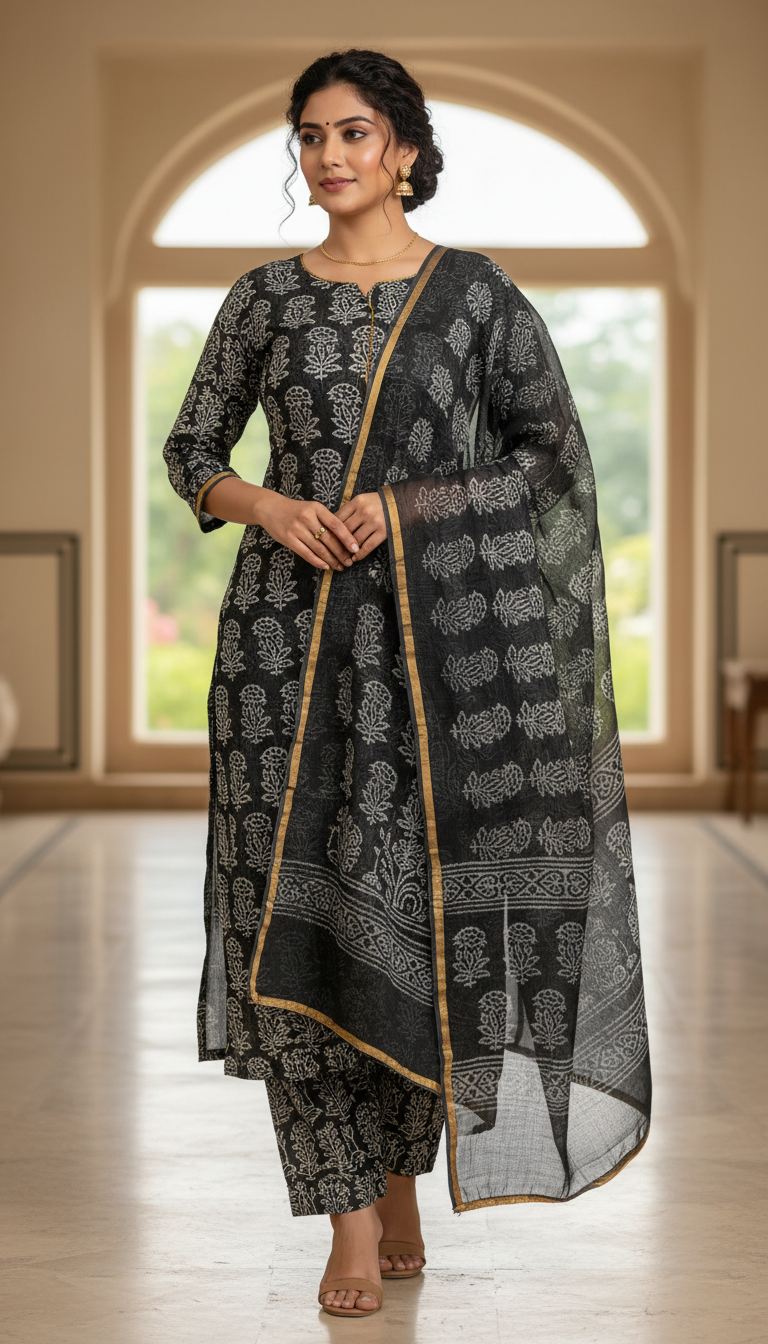 Black Printed Cotton Kurta Set