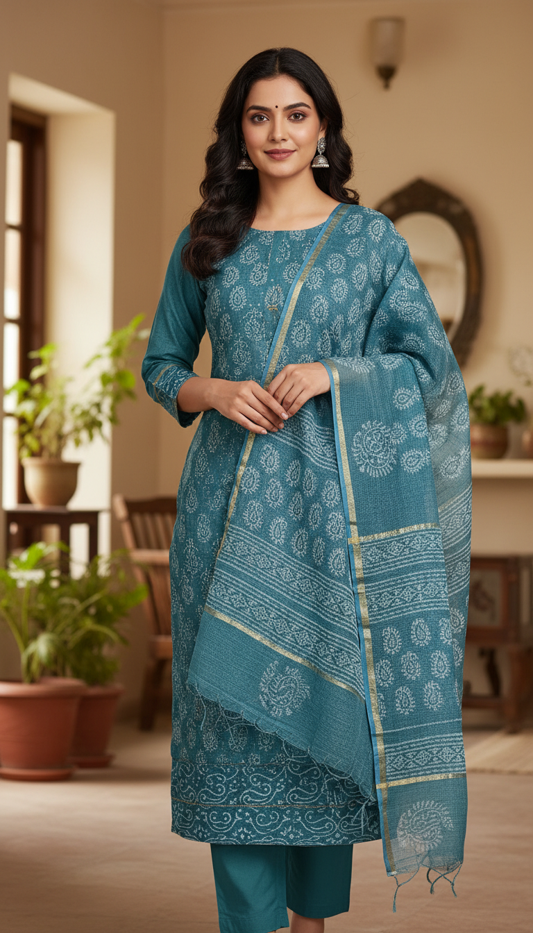 Elegant Teal Printed Kurta Set