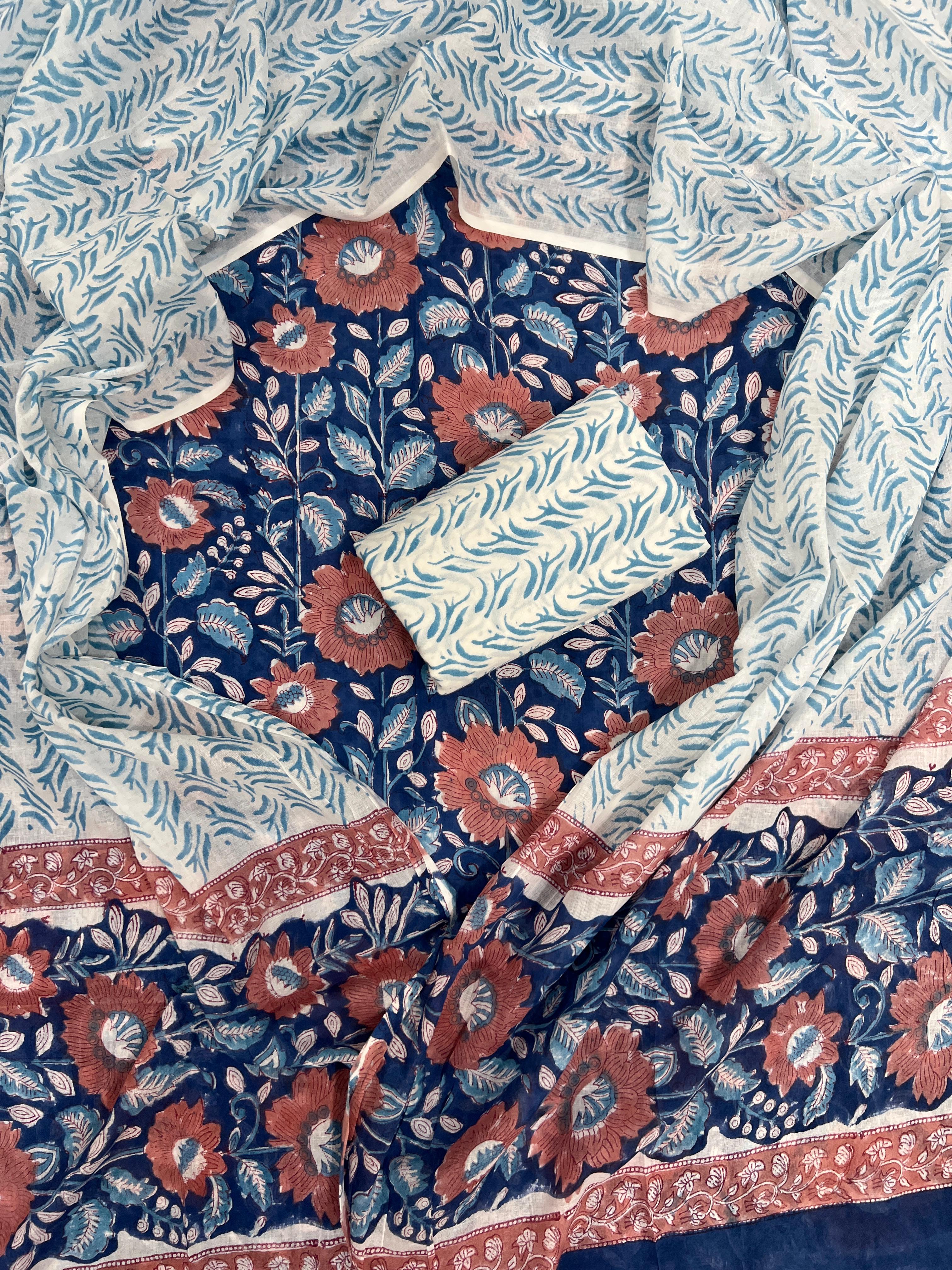 Floral Block Print Cotton Saree