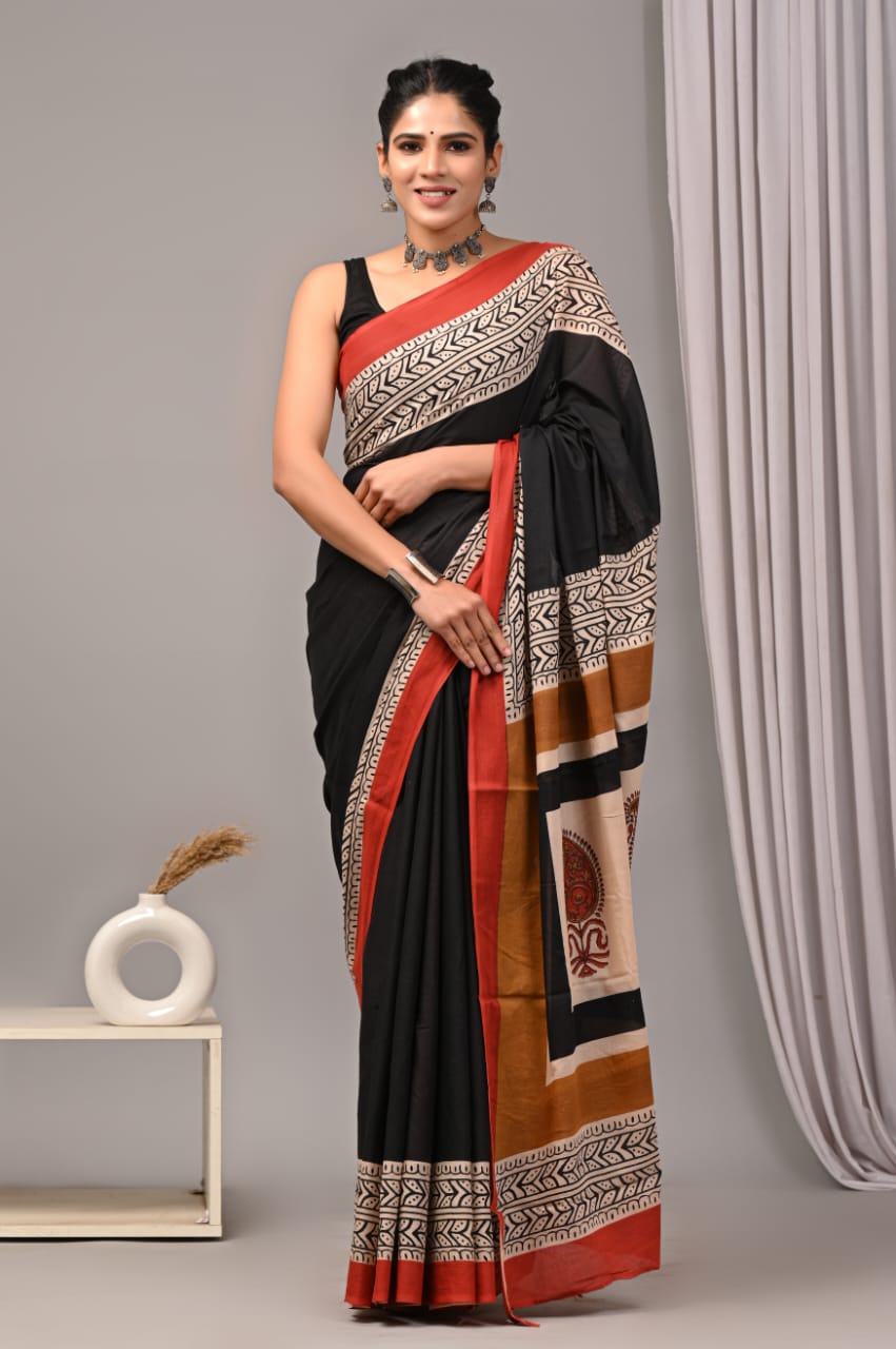 Elegant Black Printed Saree