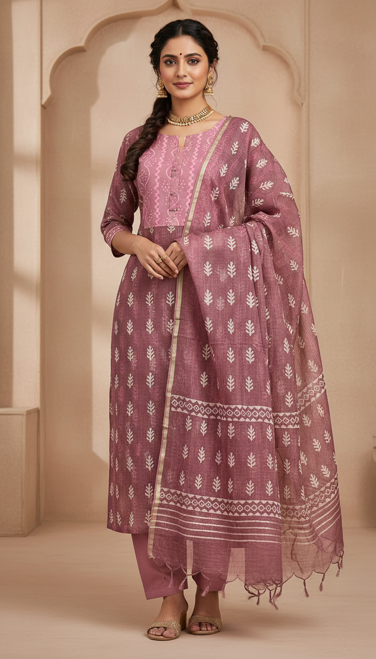 Printed Mauve Cotton Salwar Suit Set
