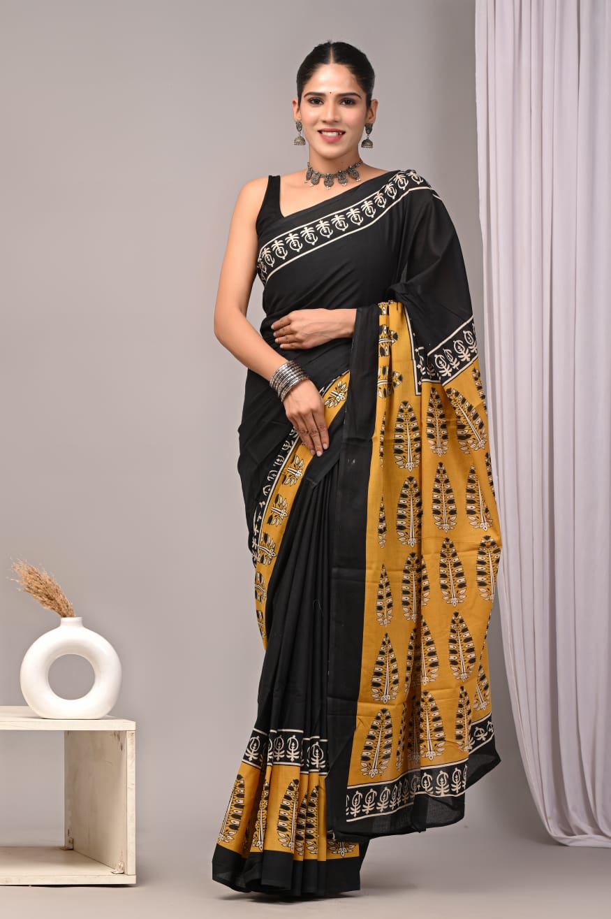 Black and Mustard Printed Saree