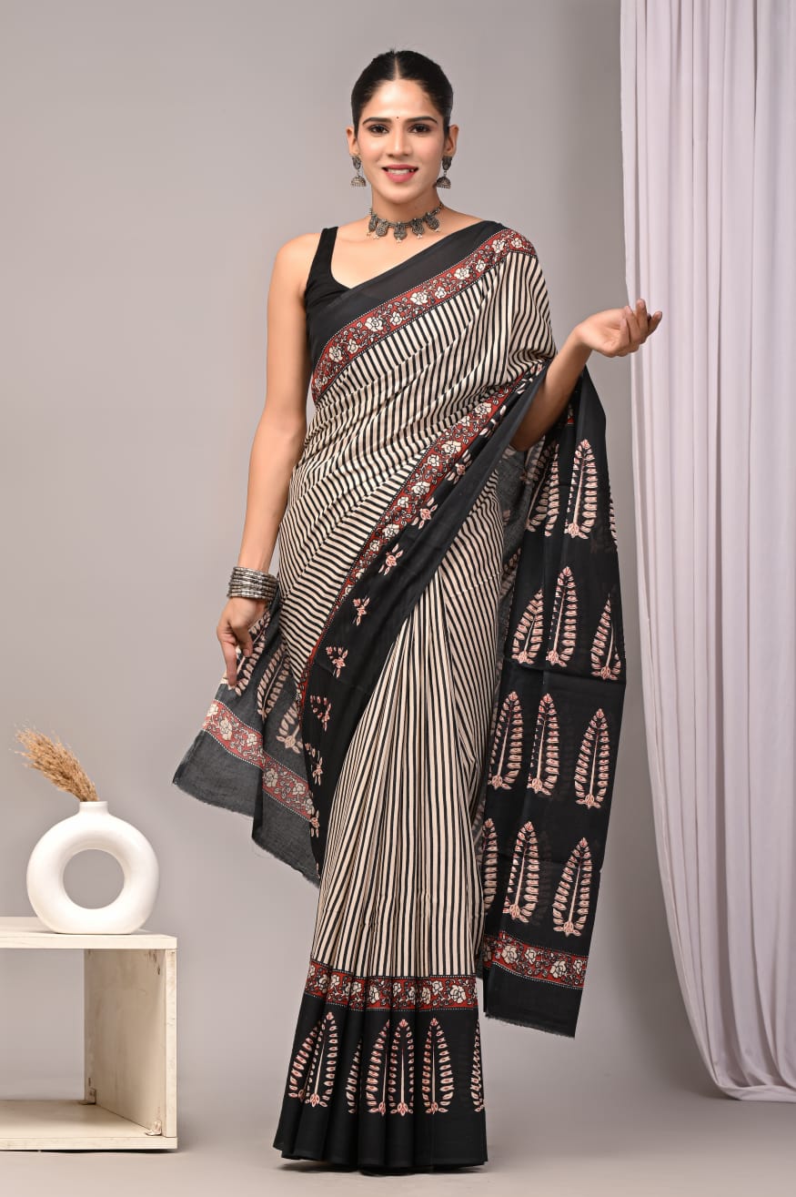 Elegant Black and Cream Printed Saree