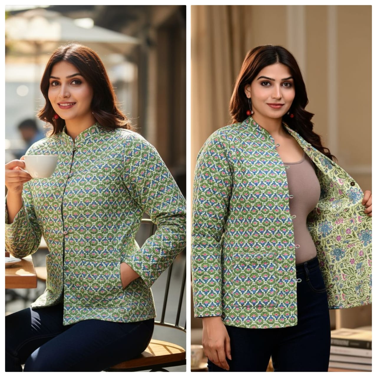 Green Patterned Quilted Jacket