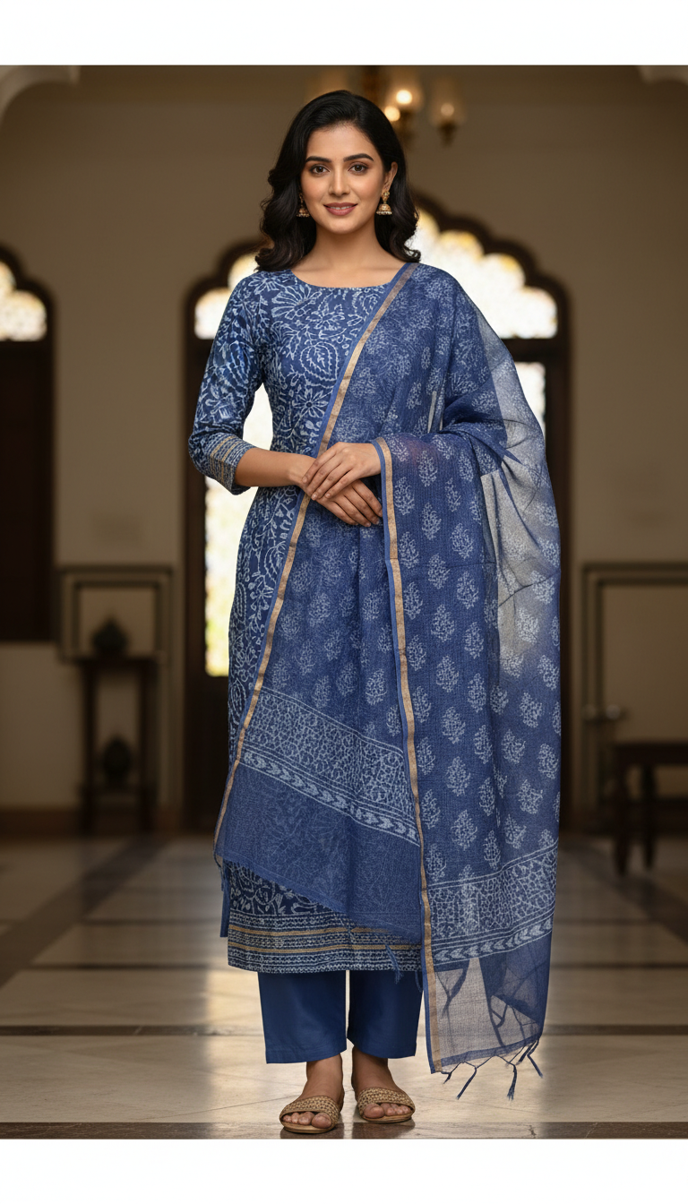 Blue Cotton Printed Salwar Suit
