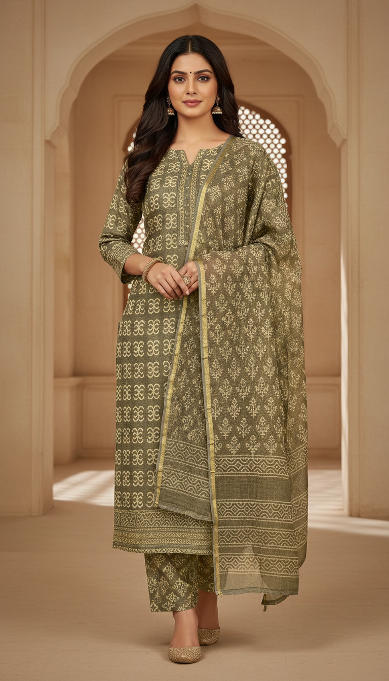 Elegant Olive Green Printed Kurti Set