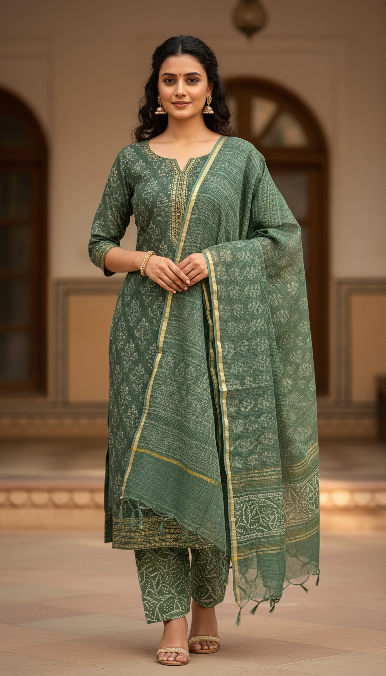 Green Printed Cotton Kurta Set