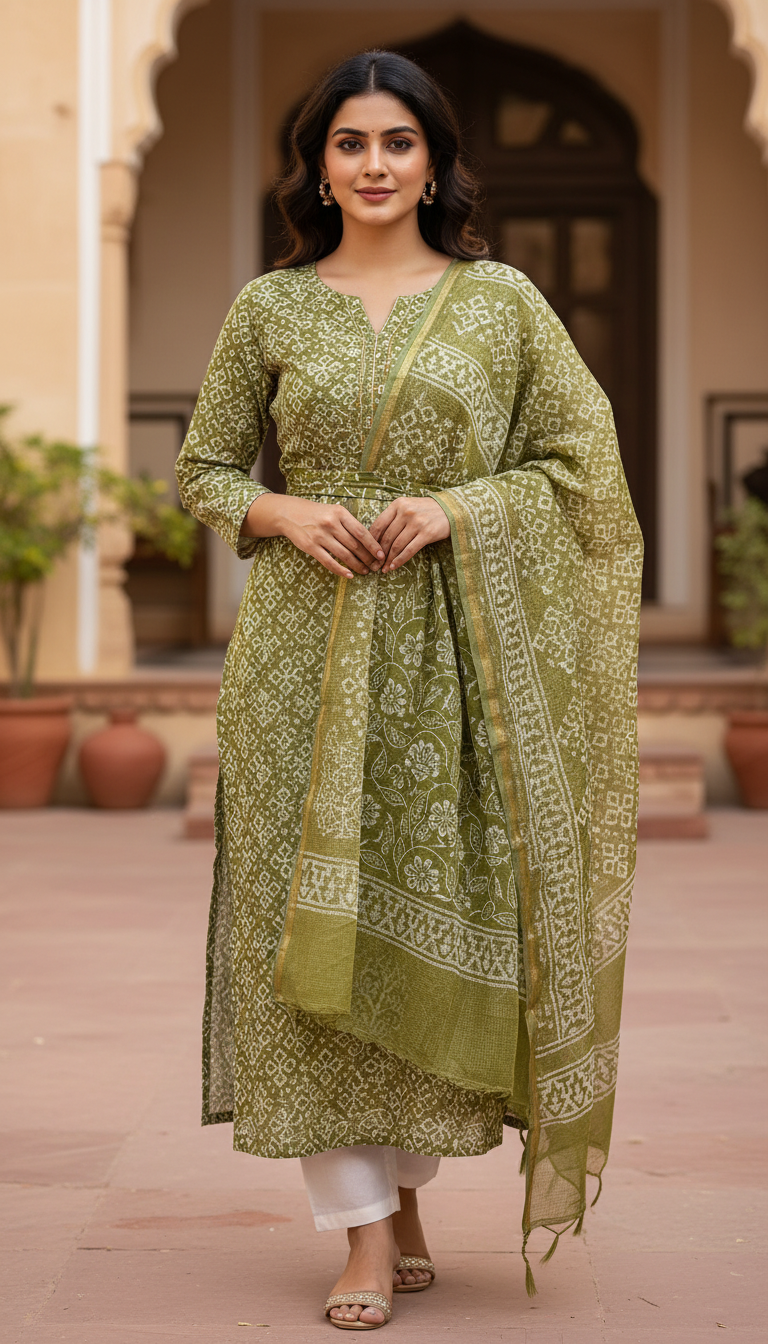 Green Printed Kurta Set