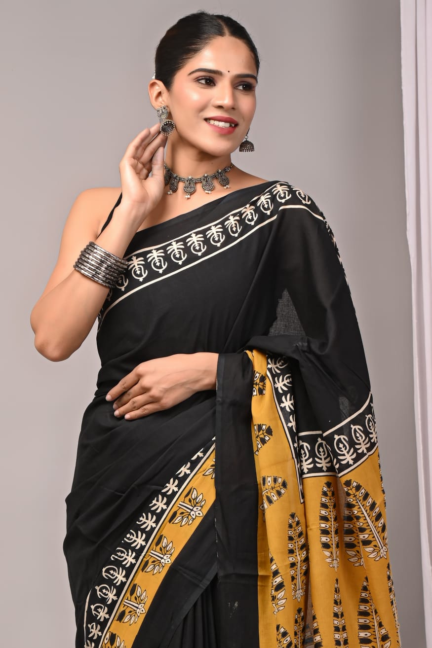 Elegant Black and Mustard Saree