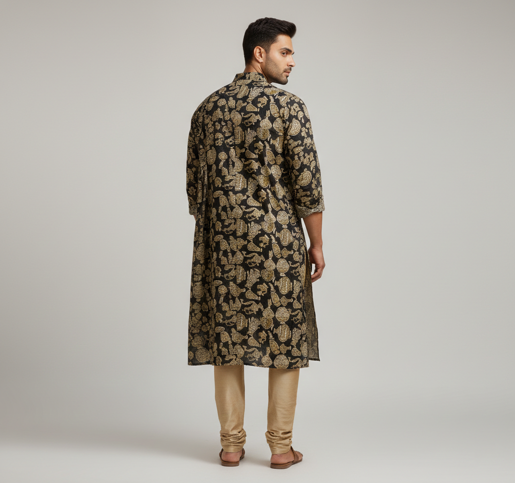 Men's Printed Black Kurta Set