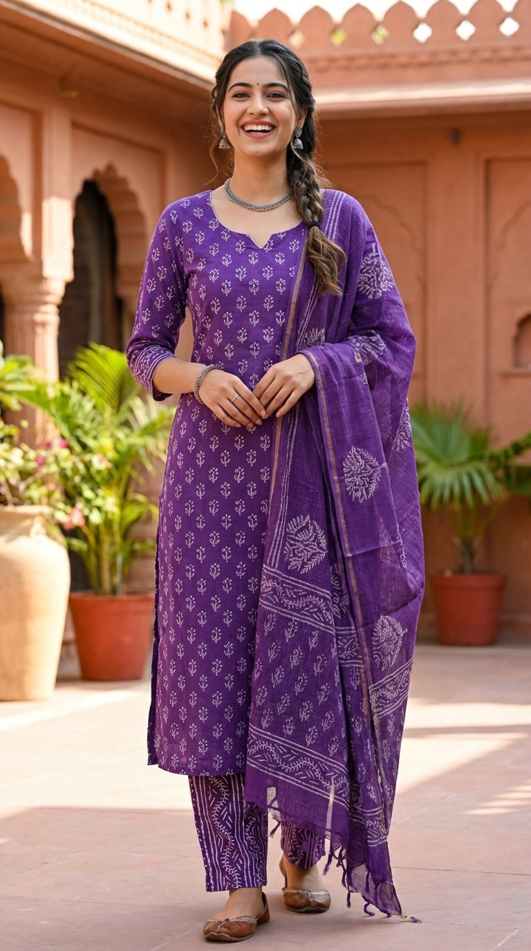 Purple Cotton Printed Kota Dupatta Suit