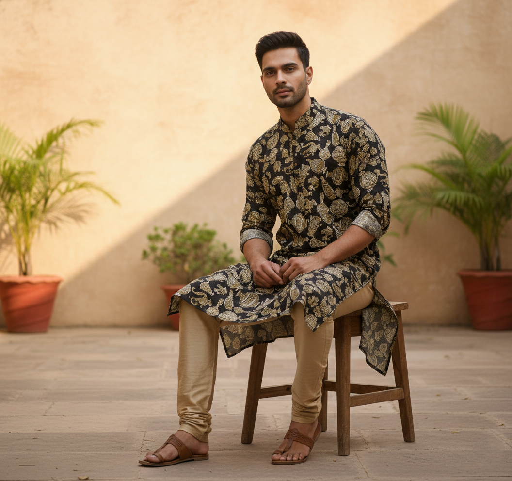 Men's Printed Black Kurta Set
