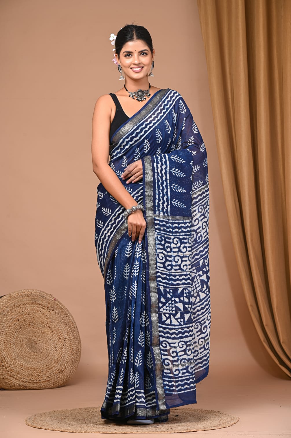 Elegant indigo blue printed saree