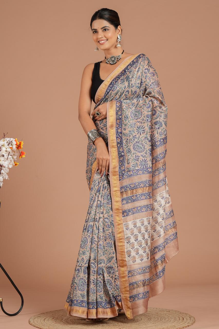 Elegant Maheshwari  silk Saree with woven borders and beautiful Hand Block