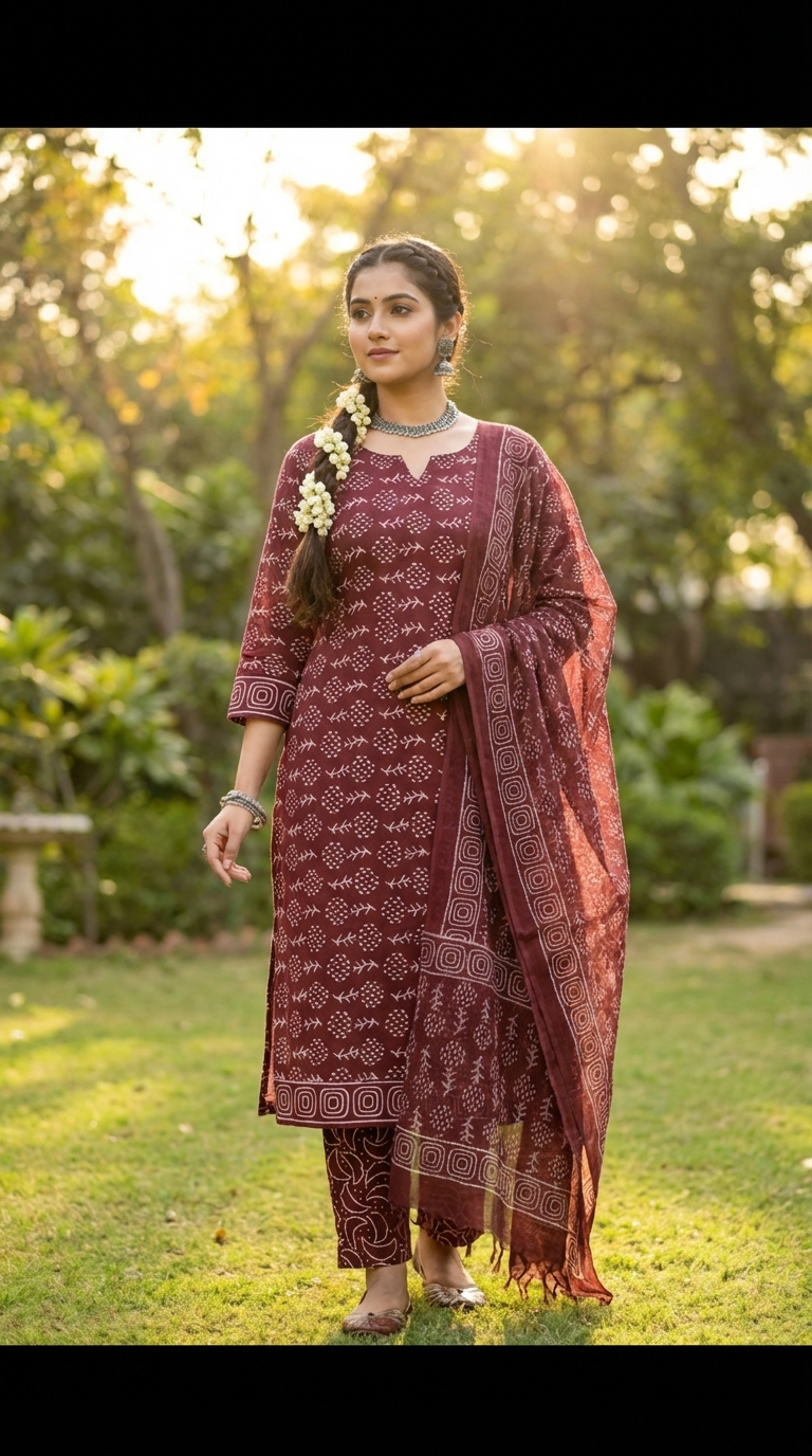 Maroon Ethnic Print Kota Dupatta Cotton Suit