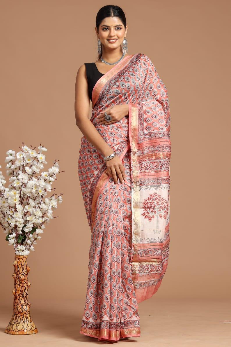 Elegant Maheshwari silk Saree with woven borders and beautiful Hand Block