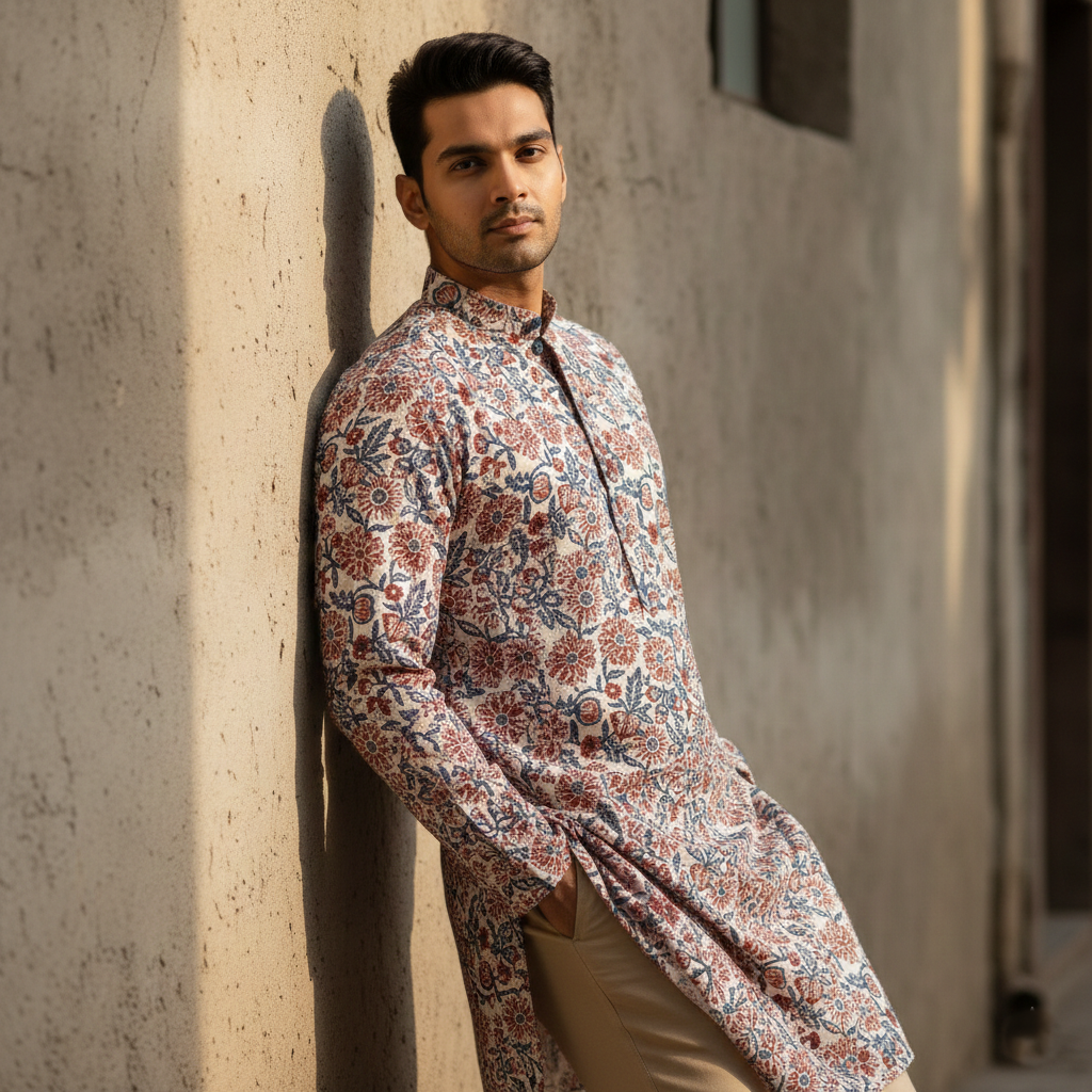 Men Floral Print Cotton Kurta