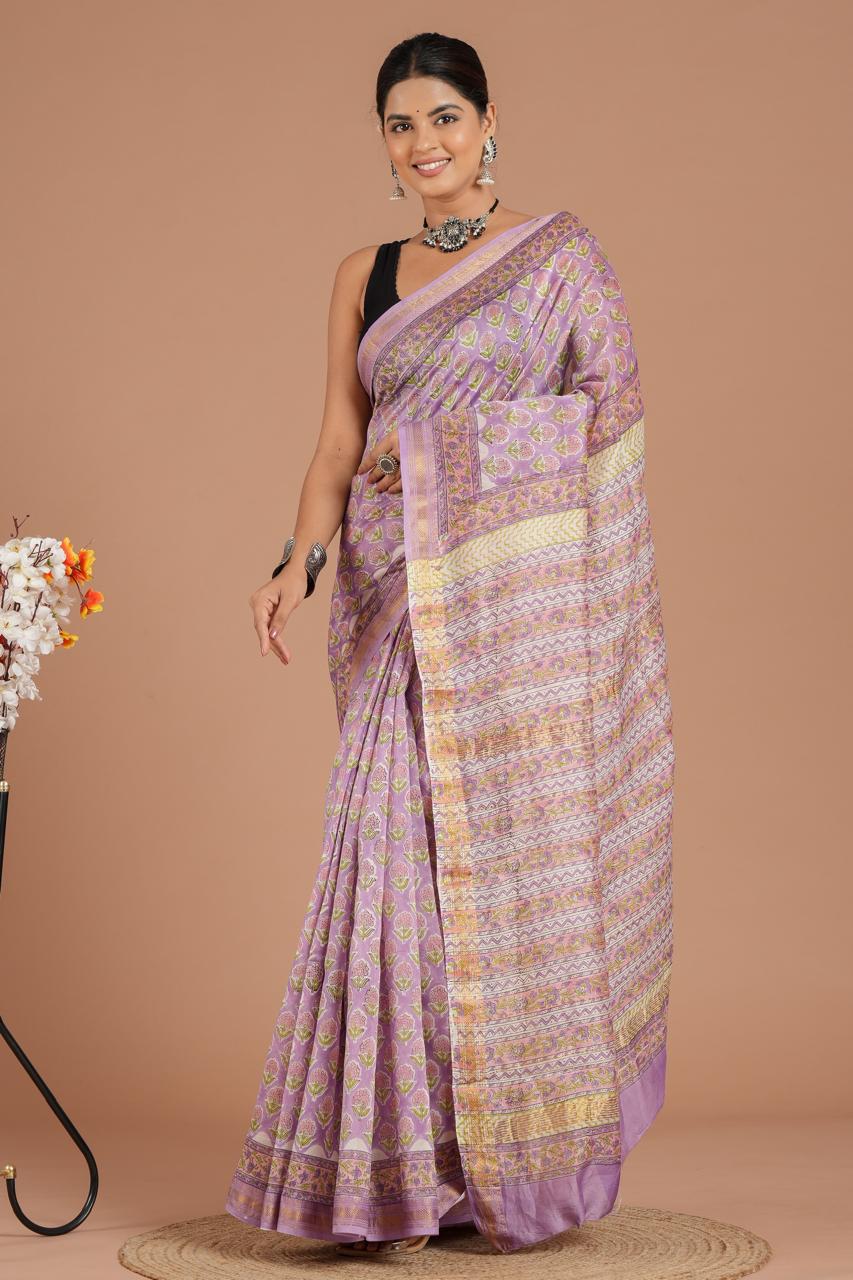 Elegant Maheshwari silk Saree with woven borders and beautiful Hand Block
