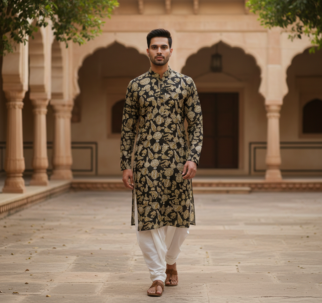Men's Printed Black Kurta Set