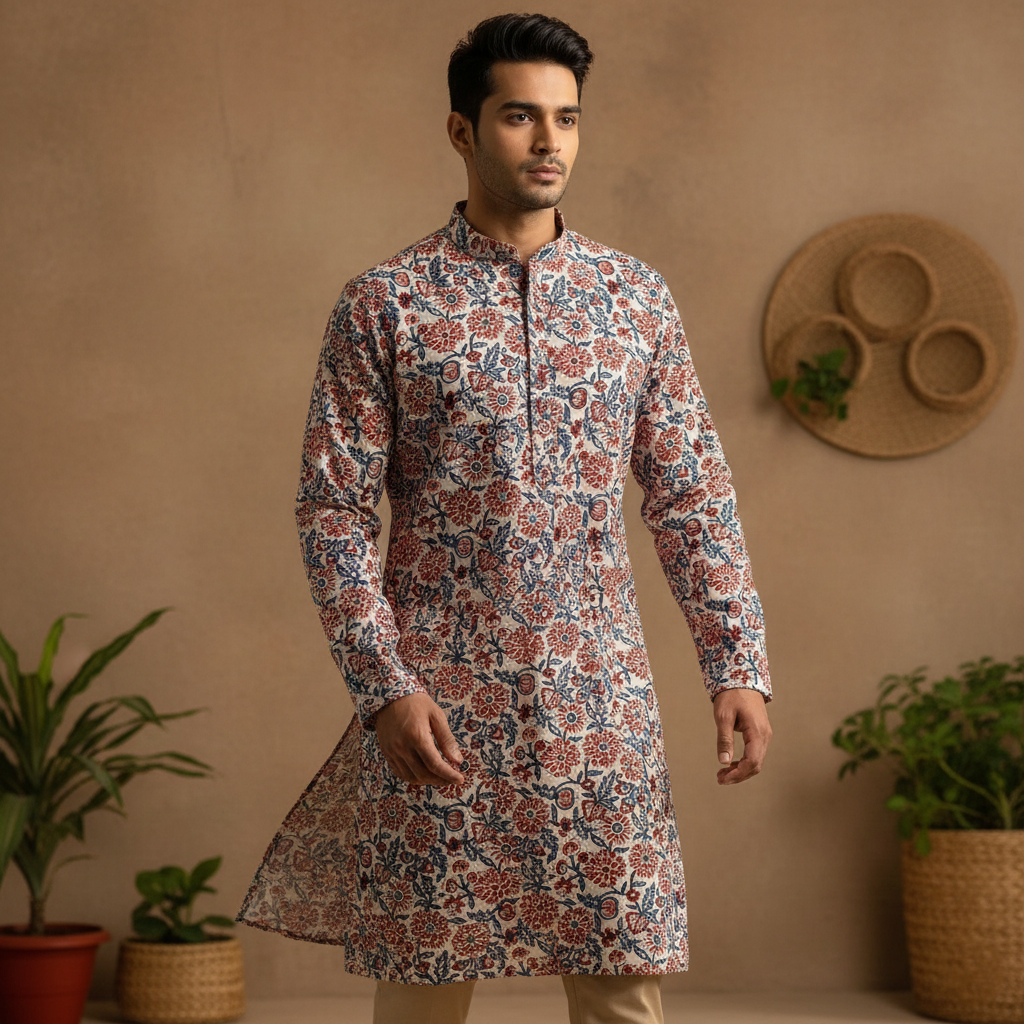 Men Floral Print Cotton Kurta