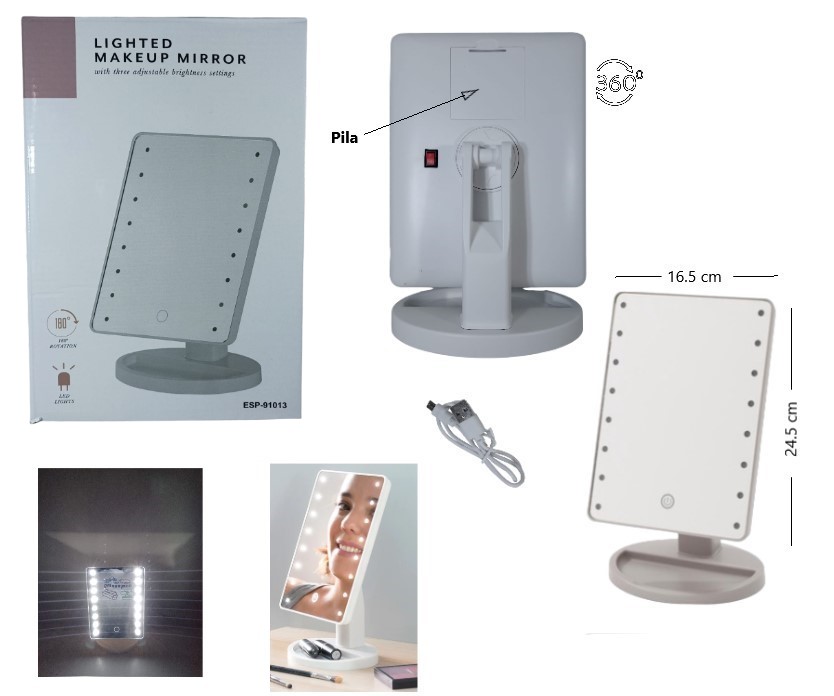 ESPEJO LED LUZ FRIA A PILA Y USB