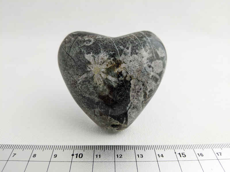 【国産銘石】岐阜県根尾谷産菊花石　ハート型不規則な研磨 にぎり石　NG007_131g