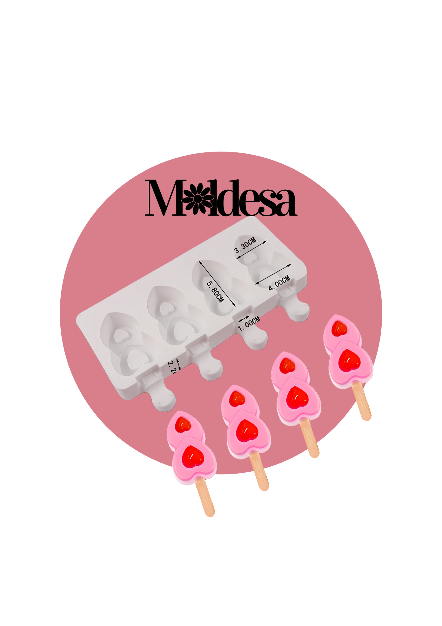 Molde de silicona para 4 helados con doble corazón