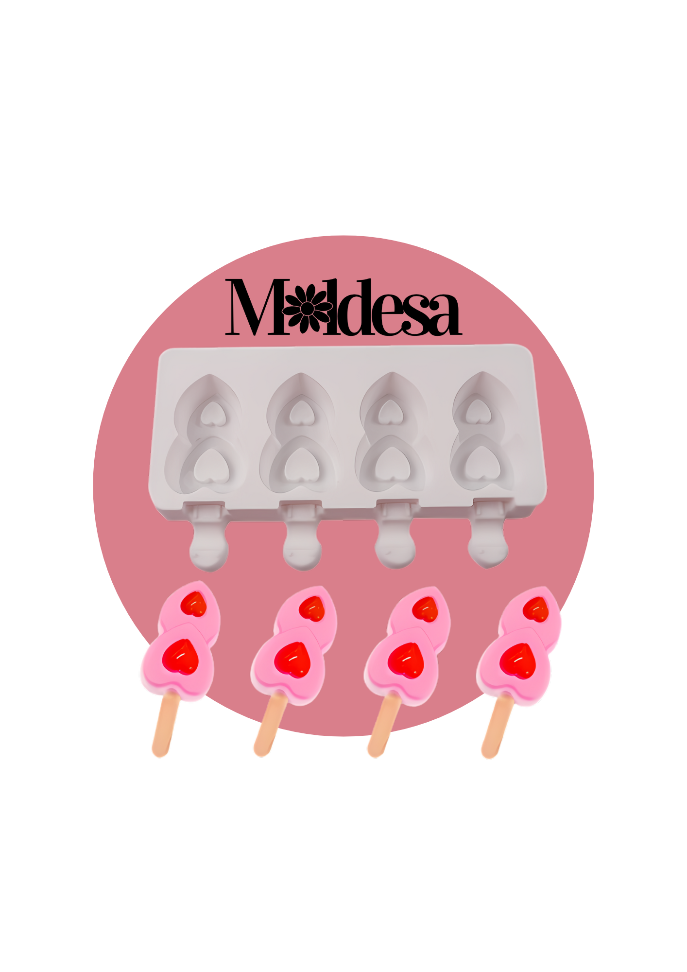 Molde de silicona para 4 helados con doble corazón