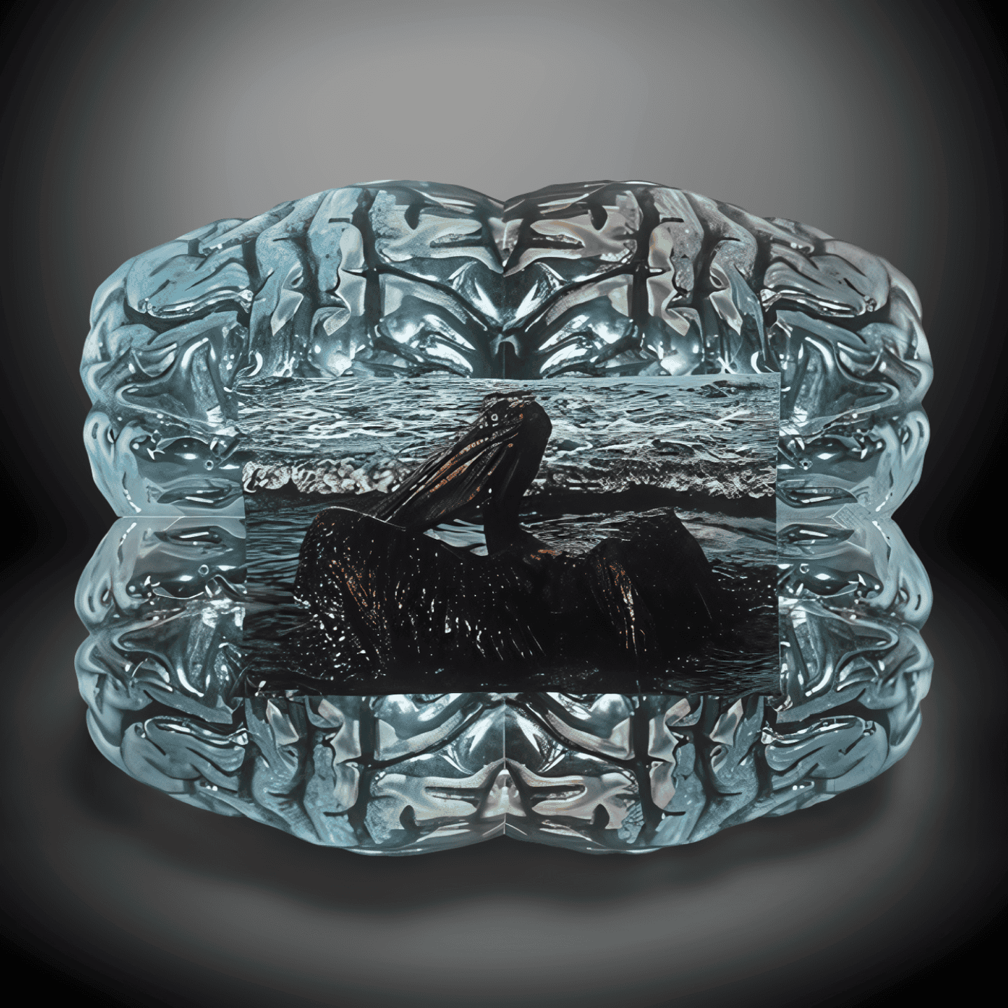 Crystal Brain Sculpture with Ocean View