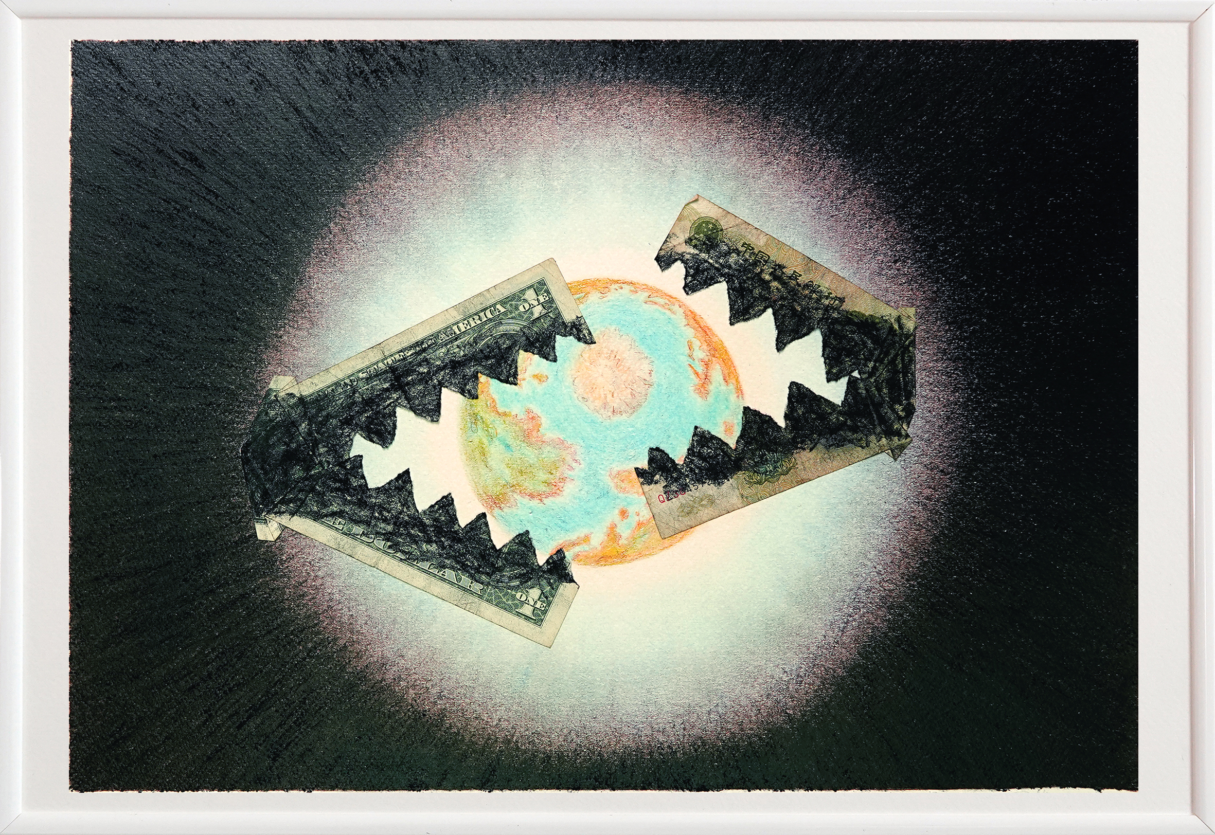 Dessin-collage SpaceMaker - Déchirure Ombilicus n°2 avec $ et Yuan