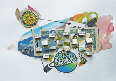 Collage avec Dollars et aquarelle