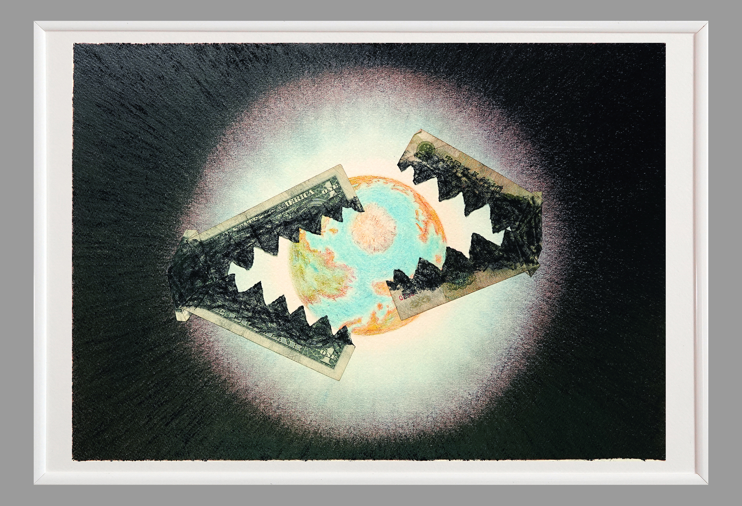 Dessin-collage SpaceMaker - Déchirure Ombilicus n°2 avec $ et Yuan