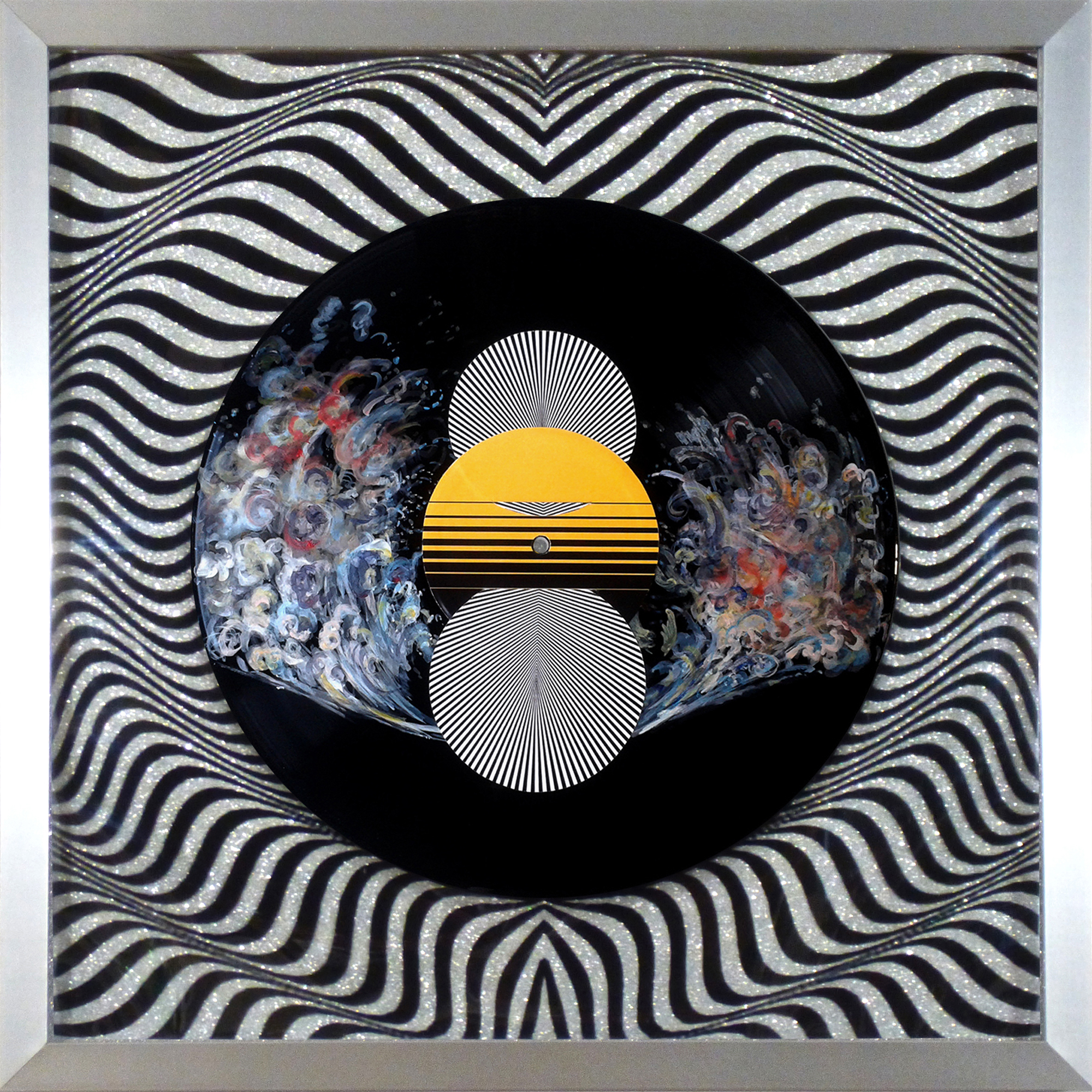 Collage sur disque vinyle : Groupe de trois Covinyles avec cadre