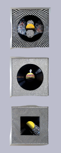 Collage sur disque vinyle : Groupe de trois Covinyles avec cadre