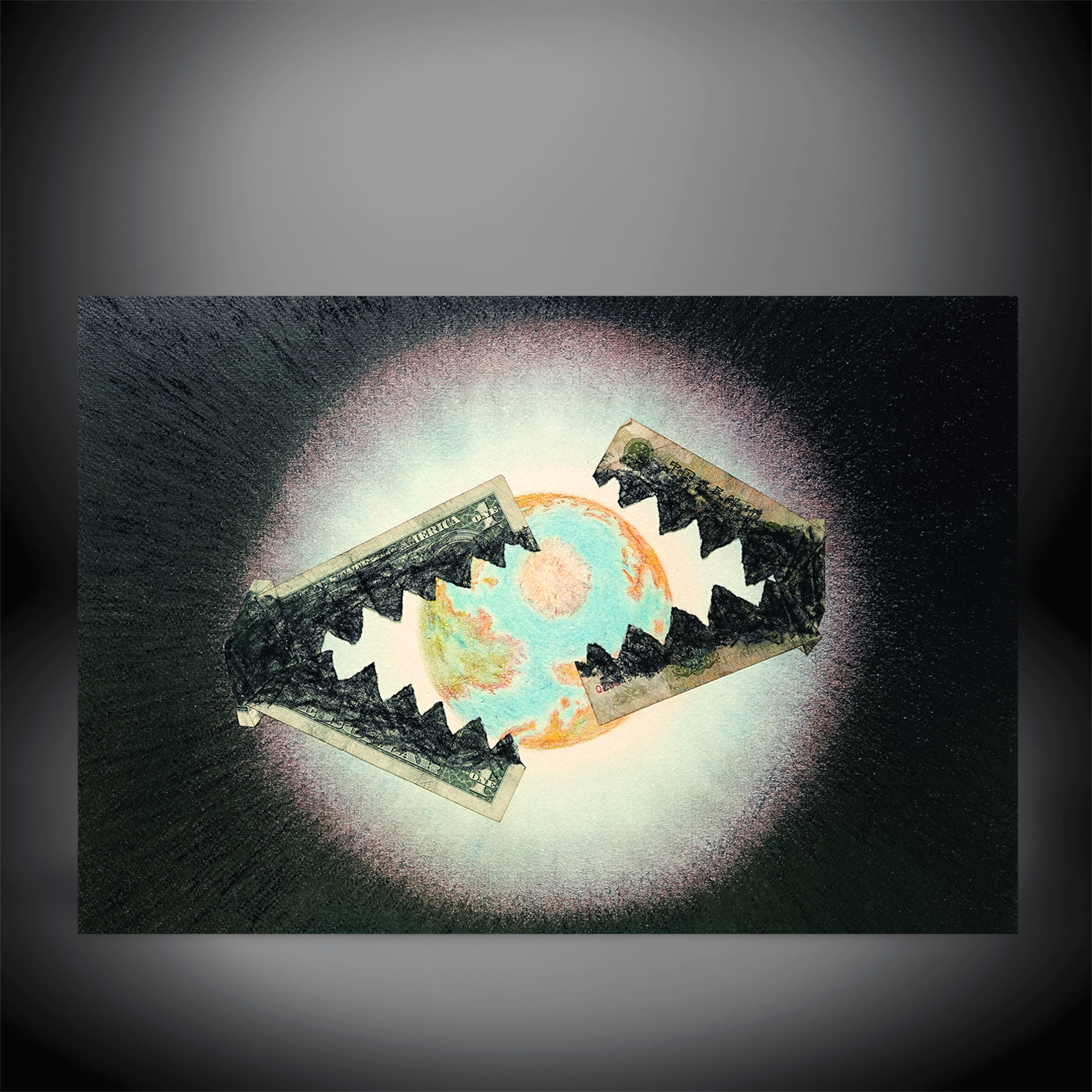 Dessin-collage SpaceMaker - Déchirure Ombilicus n°2 avec $ et Yuan