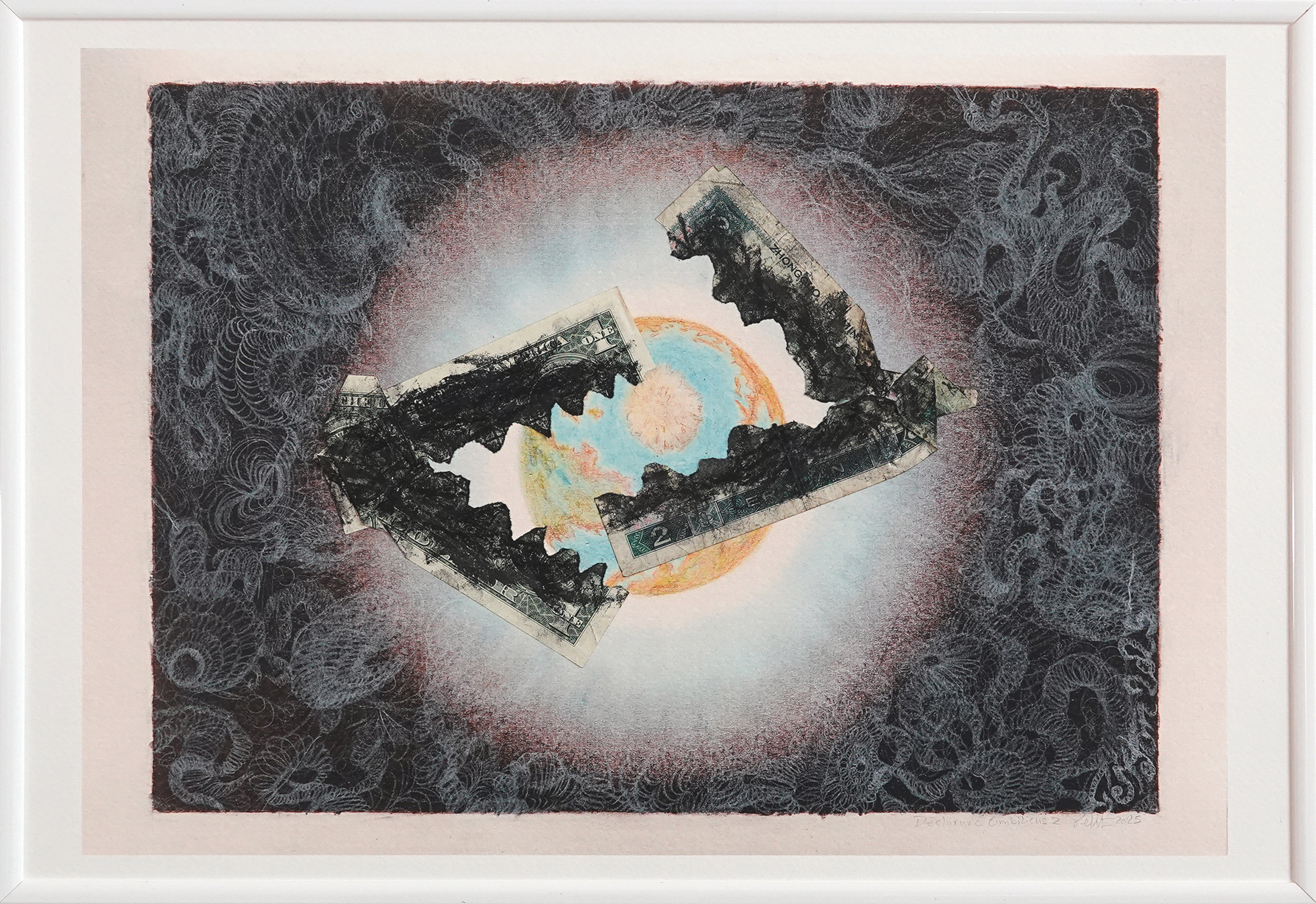 Dessin-collage SpaceMaker - Déchirure Ombilicus n°2 avec $ et Yuan
