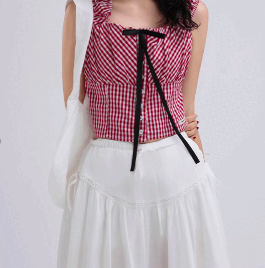  Poi Ribbon Check Button Puff Sleeve Blouse RS108