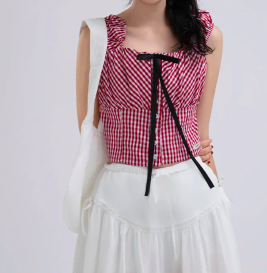  Poi Ribbon Check Button Puff Sleeve Blouse RS108
