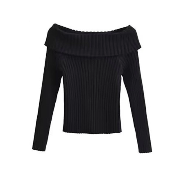 Off Shoulder Ribbed Black Sweater