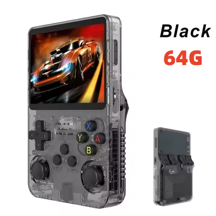 R36S Retro Handheld Game Console – Transparent Black, 64GB, 3.5″ IPS, 10,000+ Games